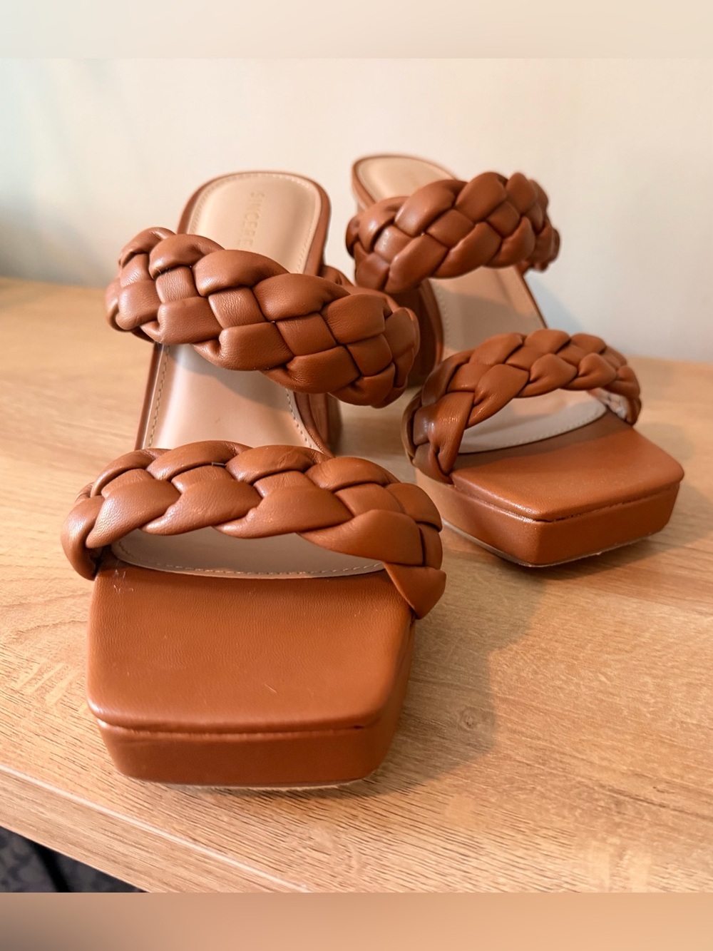 Braided Strappy Slide Platform Sandals - Cognac
